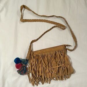 Zara Tan Boho Fringe Crossbody Purse with PomPoms